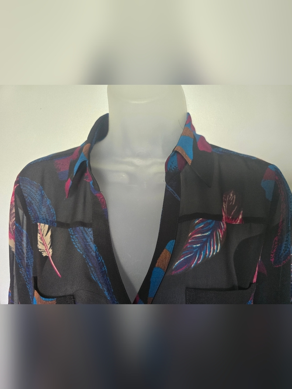 Express Portofino ShirtWomens size small Feather Print Sheer Long Sleeve - Picture 2 of 9